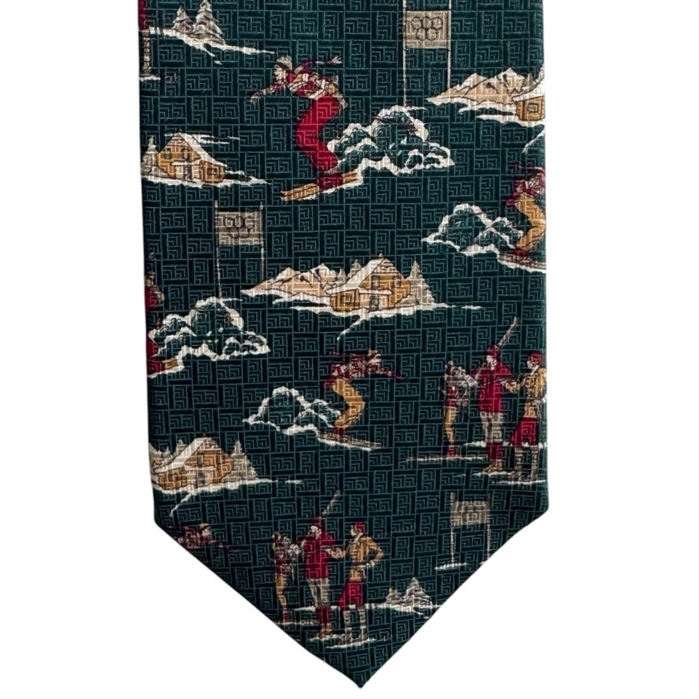 Bill Blass Silk Ski Themed Tie Green Novelty Necktie Italian Vintage Apres EUC